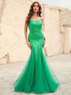 Style FSWD1203 Faeriesty Green Size 0 Tall Height Sheer Polyester Sequined Mermaid Dress on Queenly