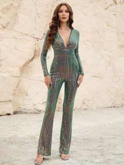 Style FSWB7012 Faeriesty Green Size 0 V Neck Polyester Jersey Sleeves Jumpsuit Dress on Queenly