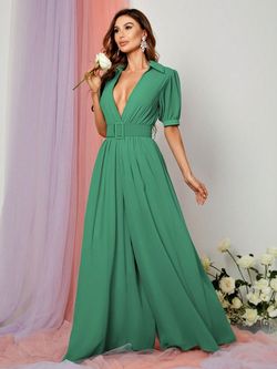Style FSWB7034 Faeriesty Green Size 0 Tall Height Jersey Jumpsuit Dress on Queenly