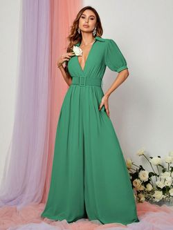 Style FSWB7034 Faeriesty Green Size 8 V Neck Fswb7034 Mini Polyester Jumpsuit Dress on Queenly