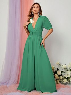 Style FSWB7034 Faeriesty Green Size 0 Mini V Neck Floor Length Jumpsuit Dress on Queenly