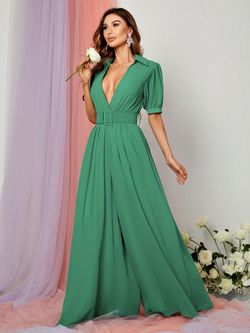 Style FSWB7034 Faeriesty Green Size 0 V Neck Tulle Polyester Mini Jumpsuit Dress on Queenly
