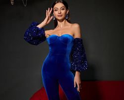 Style FSWB0013 Faeriesty Blue Size 8 Sequin Fswb0013 Long Sleeve Jumpsuit Dress on Queenly