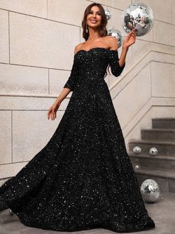 Style FSWD0427 Faeriesty Black Size 16 Sequin Prom Floor Length Sleeves Jewelled A-line Dress on Queenly