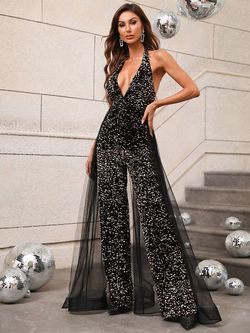 Style FSWB0010 Faeriesty Black Size 4 Halter Prom Floor Length V Neck Sheer Jumpsuit Dress on Queenly