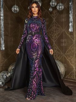 Style FSWD0825 Faeriesty Purple Size 12 Sequin Military Backless Straight Dress on Queenly