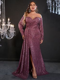 Style FSWD0392P Faeriesty Pink Size 24 Tall Height Summer Sequined Jersey Side slit Dress on Queenly
