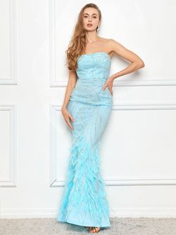 Style FSWD0117 Faeriesty Blue Size 12 Feather Floor Length Jewelled Straight Dress on Queenly