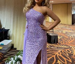 Style 54784 Sherri Hill Purple Size 6 Asymmetrical Side slit Dress on Queenly