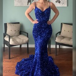 Portia and Scarlett Blue Size 0 Glitter Train Prom Wedding Guest Floor Length Mermaid Dress on Queenly