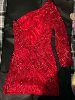 Primavera Red Size 8 Sequined Jewelled One Shoulder Prom Cocktail Dress on Queenly