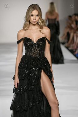 Style 55500 Sherri Hill Black Size 6 A-line Free Shipping Embroidery Train Dress on Queenly