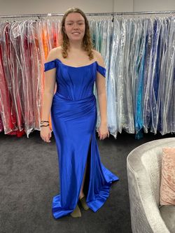 Style -1 Sherri Hill Blue Size 12 Prom Satin Side slit Dress on Queenly