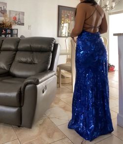 Style -1 B. Darlin Blue Size 8 Shiny Prom Side slit Dress on Queenly
