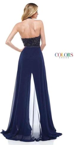 Style 2319 Colors Blue Size 10 Floor Length Shiny Jumpsuit Dress on Queenly