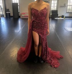 Portia and Scarlett Red Size 4 Fully Beaded Overskirt Prom Side slit Dress on Queenly