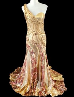 Jonathan Kayne Gold Size 6 Pattern Sequined Metallic 50 Off Asymmetrical Ball gown on Queenly