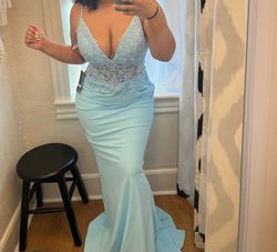Style -1 La Femme Blue Size 14 Sequined Wedding Guest Pageant Mermaid Dress on Queenly