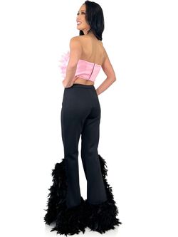 Style 8201 Marc Defang Pink Size 4 Side Slit Feather Floor Length Black Tie Jumpsuit Dress on Queenly