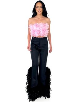 Style 8201 Marc Defang Pink Size 6 Side Slit Feather Floor Length Black Tie Jumpsuit Dress on Queenly