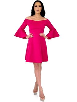 Style 8183 Marc Defang Pink Size 4 Tall Height V Neck Bell Sleeves Cocktail Dress on Queenly