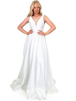 Style 8282 Marc Defang White Size 4 Cotillion Floor Length V Neck Ball gown on Queenly