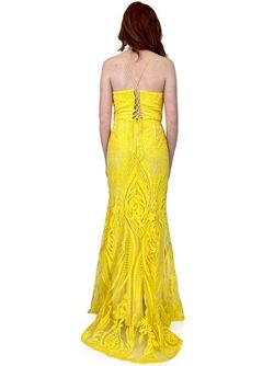 Style 8265 Marc Defang Yellow Size 4 V Neck Black Tie Floor Length Side slit Dress on Queenly