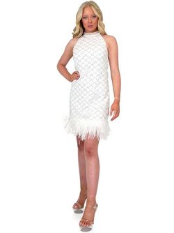 Style 8281 Marc Defang White Size 4 Bridal Shower Feather Halter Cocktail Dress on Queenly