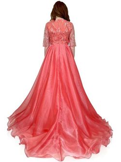 Style 8232 Marc Defang Pink Size 4 Train V Neck Tall Height Sheer Ball gown on Queenly