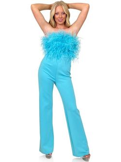 Style 8149 Marc Defang Blue Size 4 Tall Height Interview Fun Fashion Feather Jumpsuit Dress on Queenly