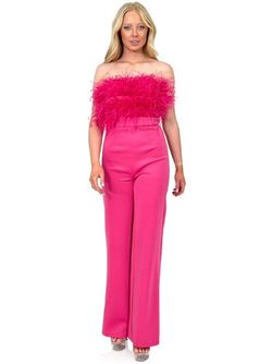 Style 8149 Marc Defang Hot Pink Size 4 Interview Feather Pageant Jumpsuit Dress on Queenly