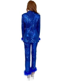 Style 8233 Marc Defang Royal Blue Size 2 Tall Height Sequined Feather 8233 Jumpsuit Dress on Queenly