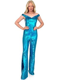 Style 8263 Marc Defang Blue Size 4 Interview Turquoise Floor Length Jumpsuit Dress on Queenly