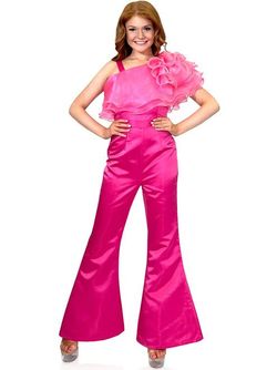 Style 8286 Marc Defang Pink Size 4 Ruffles One Shoulder Fun Fashion Jumpsuit Dress on Queenly