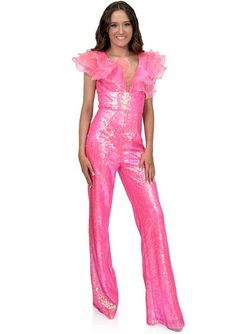Style 8217 Marc Defang Pink Size 6 V Neck Sheer Pageant Jumpsuit Dress on Queenly