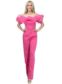 Style 8165 Marc Defang Hot Pink Size 4 Pageant Floor Length Ruffles Jumpsuit Dress on Queenly