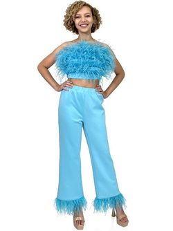 Style 8199 Marc Defang Blue Size 4 Tall Height Interview Fun Fashion Feather Jumpsuit Dress on Queenly