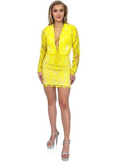 Style 8251 Marc Defang Yellow Size 4 Tall Height Long Sleeve Cocktail Dress on Queenly