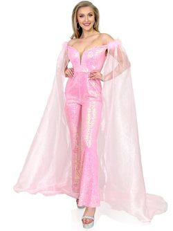 Style 8099 Marc Defang Pink Size 2 Feather Tall Height Cape Jumpsuit Dress on Queenly