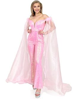 Style 8099 Marc Defang Pink Size 8 Pageant Cape Floor Length Jumpsuit Dress on Queenly