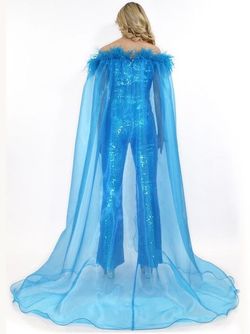 Style 8099 Marc Defang Blue Size 4 Cape Fun Fashion Feather Jumpsuit Dress on Queenly
