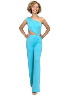 Style 8162 Marc Defang Blue Size 4 Jersey Interview Floor Length Jumpsuit Dress on Queenly