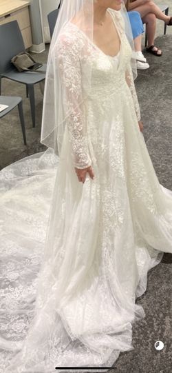 Style -1 Oleg Cassini White Size 2 Sheer Wedding Long Sleeve Train Dress on Queenly