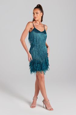Style NM157TELXS Nadine Merabi Multicolor Size 0 Tall Height Teal Feather Pageant Cocktail Dress on Queenly