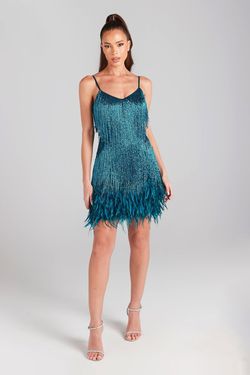 Style NM157TELS Nadine Merabi Multicolor Size 4 Feather Pageant Mini Cocktail Dress on Queenly