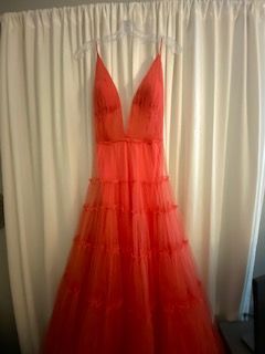 Style 51125-591682-1 Tarik Ediz Red Size 0 Tulle Plunge A-line Dress on Queenly