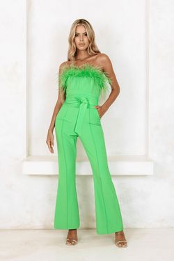 Style LUCINDA Lavish Alice Green Size 4 Polyester Belt Feather Jumpsuit Dress on Queenly
