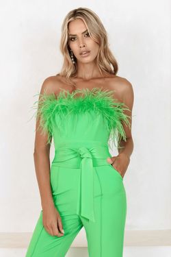 Style LUCINDA Lavish Alice Green Size 6 Floor Length Feather Jumpsuit Dress on Queenly