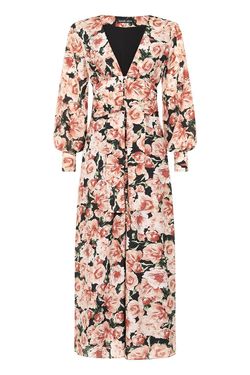 Floral Print Plunge Long Sleeve Maxi Dress