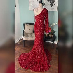 Jovani Red Size 10 Sequined Side Slit -1 Mermaid Dress on Queenly